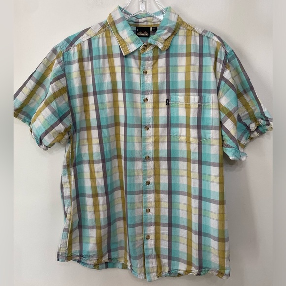 Kavu Other - Kavu Men's Short Sleeve Plaid Cotton Button Down Shirt Blue Gold White Sz L